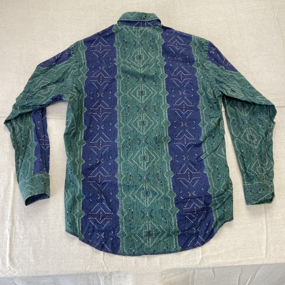 Vintage Wrangler Shirt Mens L Blue Green Striped Brushpopper Western Cowboy 90s - Picture 2 of 7